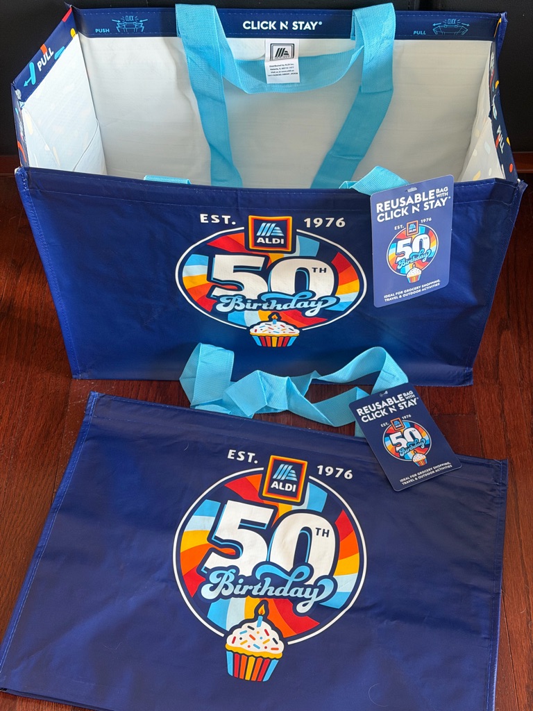 Set Of Two Aldi Gear 50th Birthday Bag Reusable Tote Grocery Xl Click N Stay New